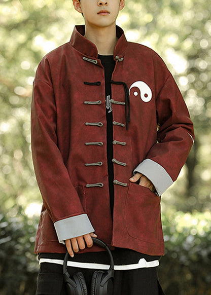 Loose Red Chinese Button Pockets Faux Leather Coats Winter Ro033