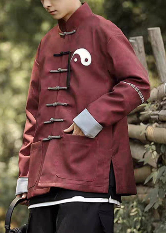 Loose Red Chinese Button Pockets Faux Leather Coats Winter Ro033