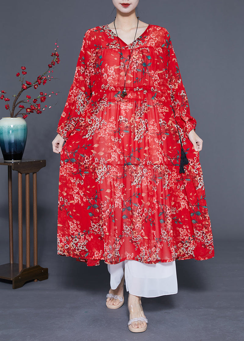 Loose Red Cinched Patchwork Print Chiffon Maxi Dress Spring Lc0422