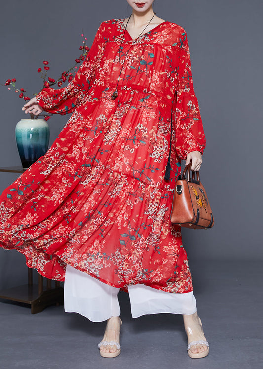 Loose Red Cinched Patchwork Print Chiffon Maxi Dress Spring Lc0422