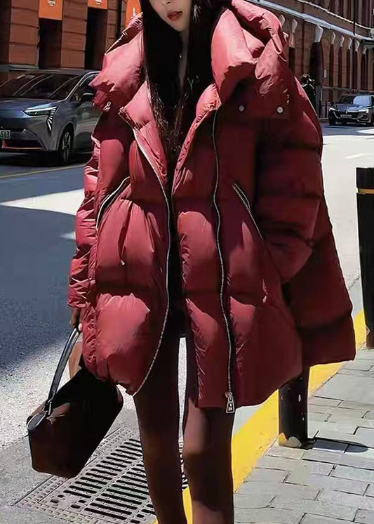 Loose Red Hooded Zippered Duck Down Coats Winter Wq033