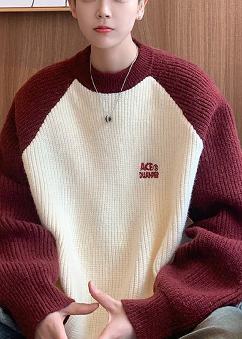 Loose Red Letter Patchwork Knit Sweater Winter Qf035