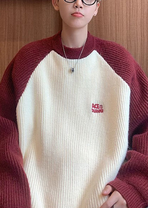 Loose Red Letter Patchwork Knit Sweater Winter Qf035