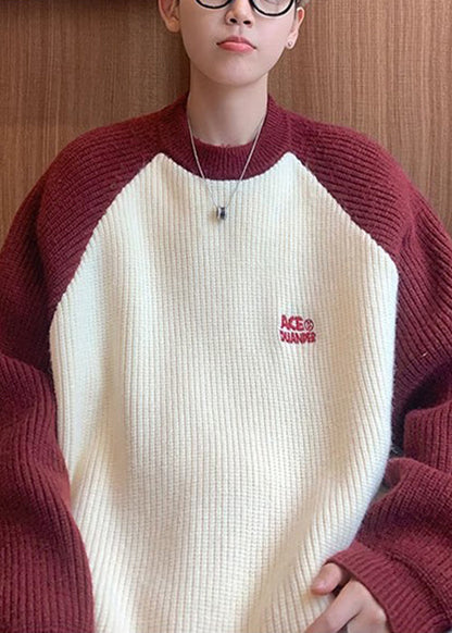 Loose Red Letter Patchwork Knit Sweater Winter Qf035