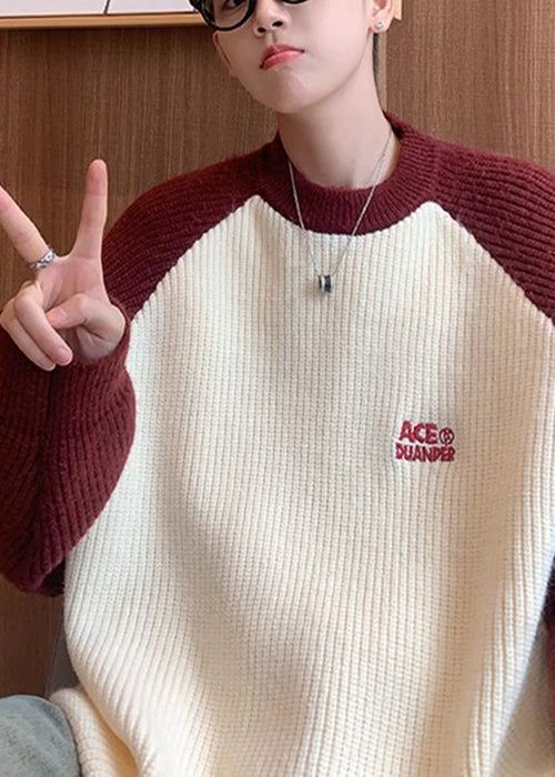 Loose Red Letter Patchwork Knit Sweater Winter Qf035