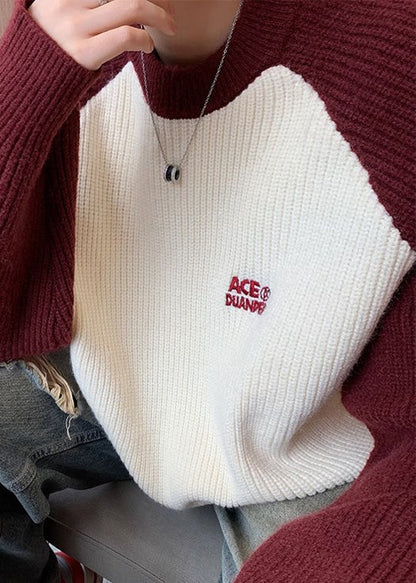 Loose Red Letter Patchwork Knit Sweater Winter Qf035