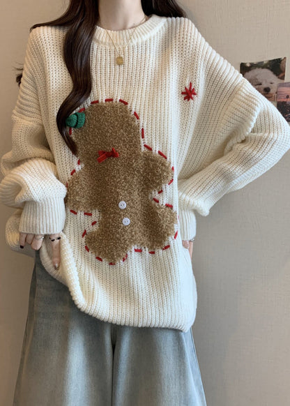 Loose Red O Neck Embroidered Thick Christmas Knit Sweater Winter Rg027