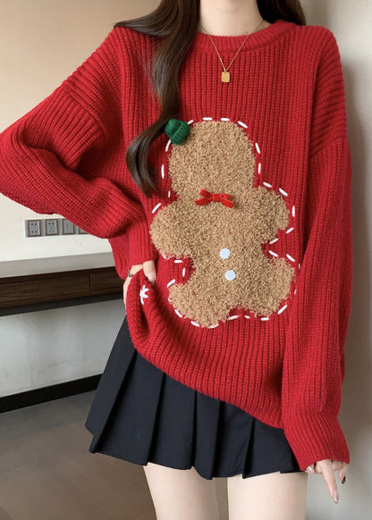 Loose Red O Neck Embroidered Thick Christmas Knit Sweater Winter Rg027