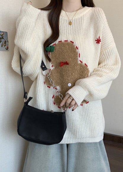 Loose Red O Neck Embroidered Thick Christmas Knit Sweater Winter Rg027