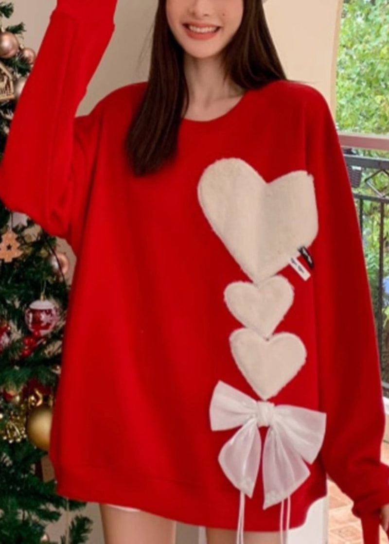 Loose Red O-neck Love Bow Knit Sweaters Spring Yw047