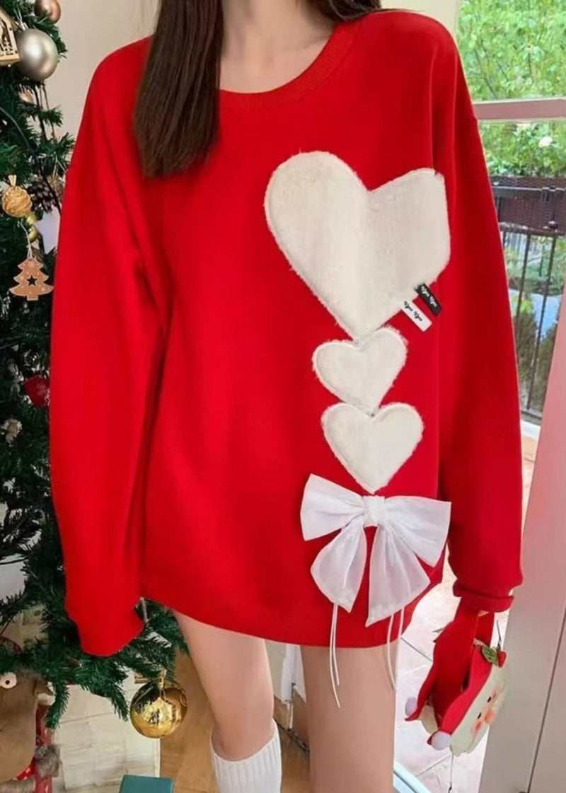 Loose Red O-neck Love Bow Knit Sweaters Spring Yw047
