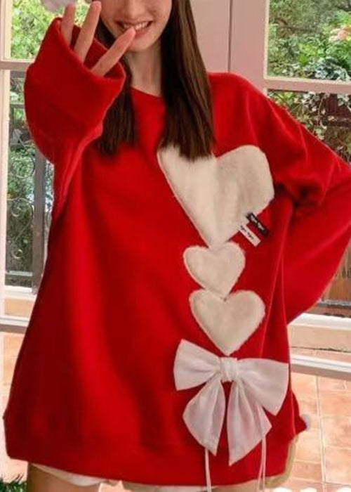 Loose Red O-neck Love Bow Knit Sweaters Spring Yw047