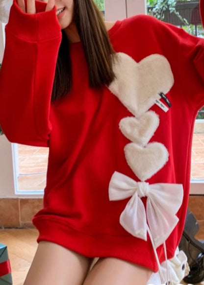 Loose Red O-neck Love Bow Knit Sweaters Spring Yw047