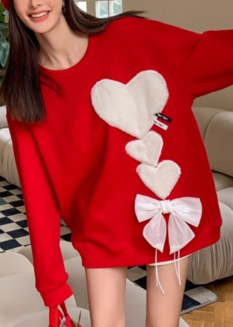 Loose Red O-neck Love Bow Knit Sweaters Spring Yw047