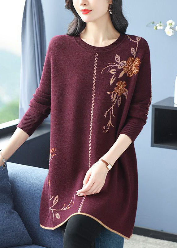 Loose Red O Neck Zircon Wool Knit Sweaters Long Sleeve Tb006
