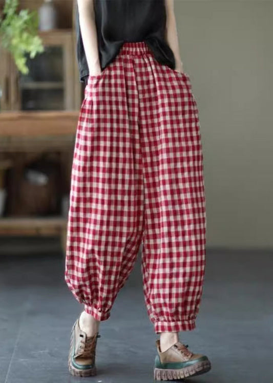 Loose Red Plaid Pockets Elastic Waist Crop Pants Summer Tr012