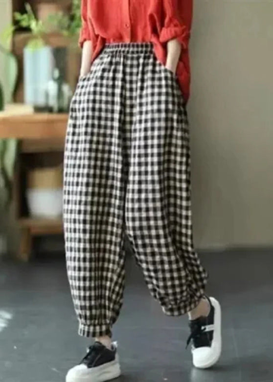 Loose Red Plaid Pockets Elastic Waist Crop Pants Summer Tr012