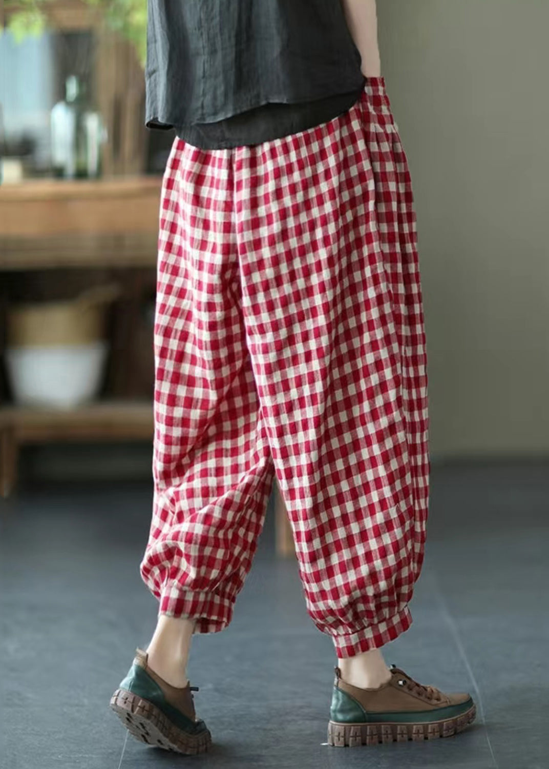 Loose Red Plaid Pockets Elastic Waist Crop Pants Summer Tr012