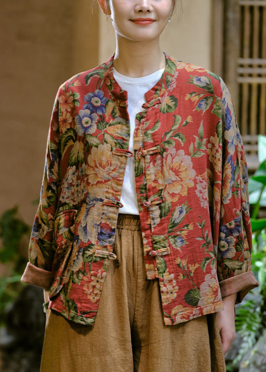 Loose Red Print Button Cotton Blouse Long Sleeve Vv037