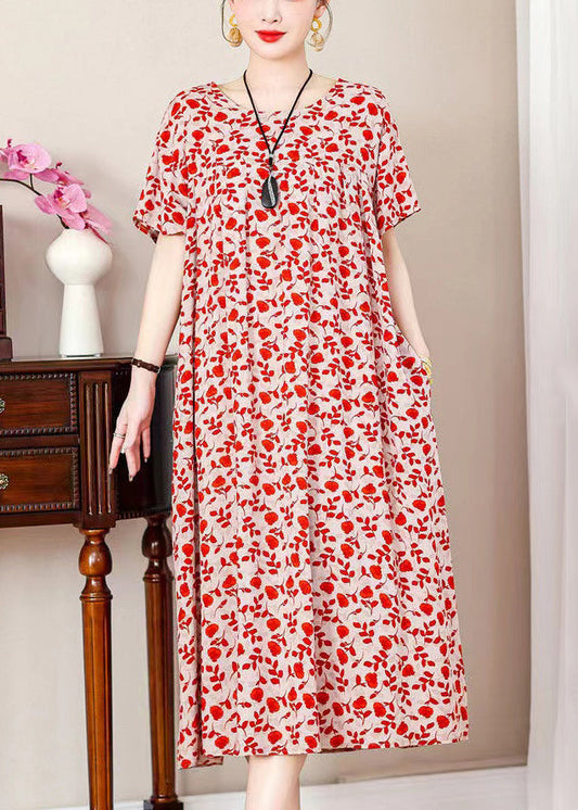 Loose Red Print Pockets Cotton Long Dresses Summer Qe019