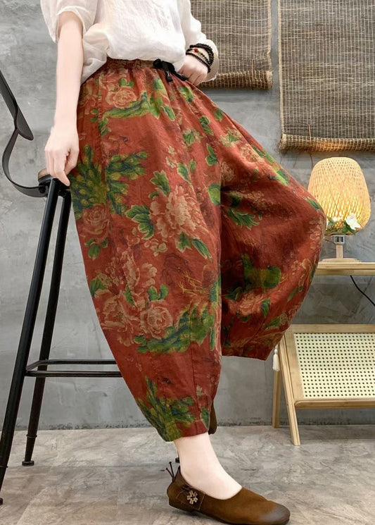 Loose Red Print Pockets Linen Crop Pants Summer Gg057