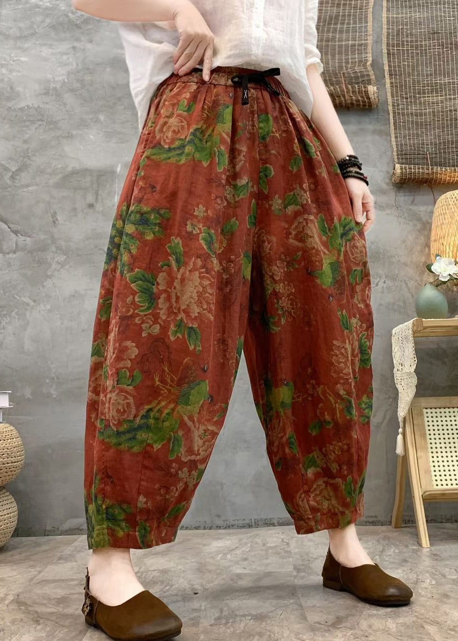 Loose Red Print Pockets Linen Crop Pants Summer Gg057