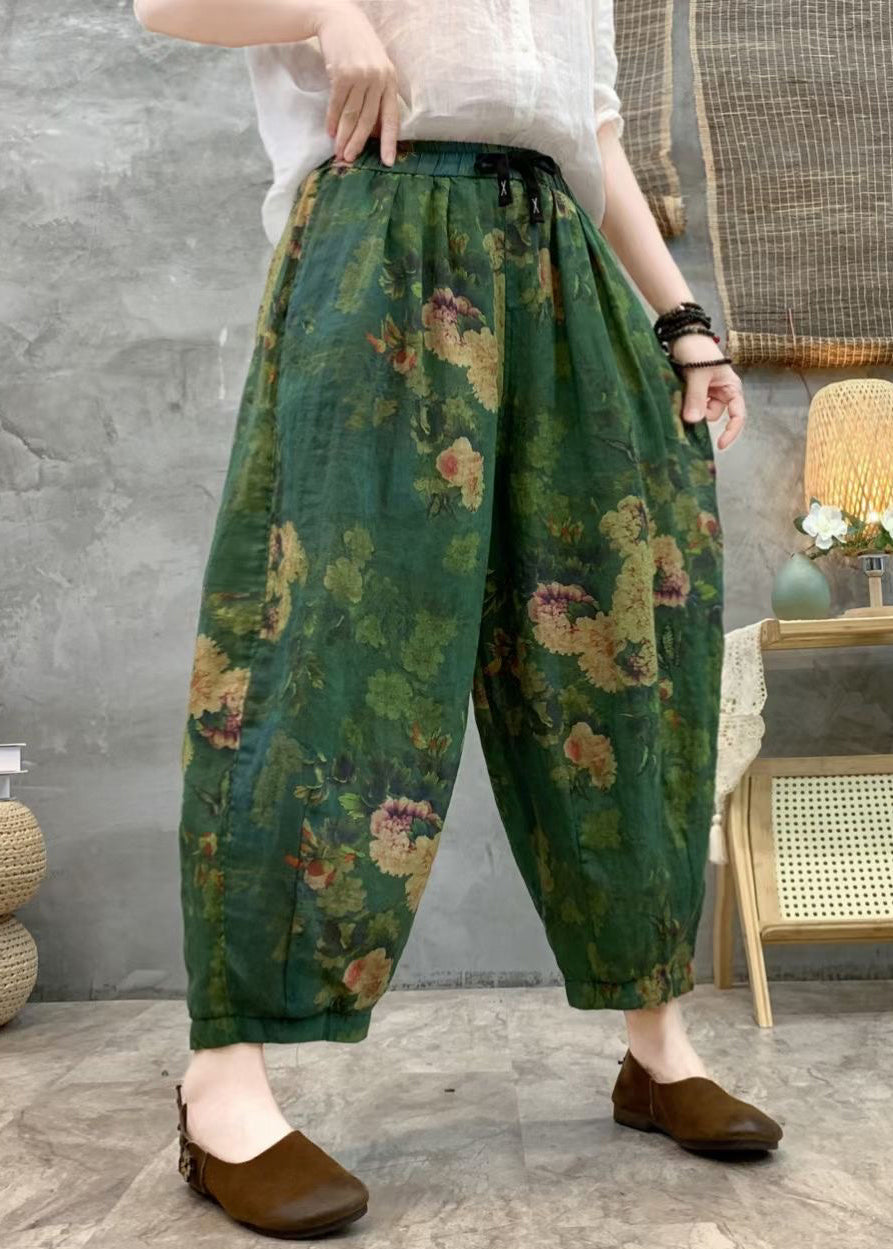 Loose Red Print Pockets Linen Crop Pants Summer Gg057