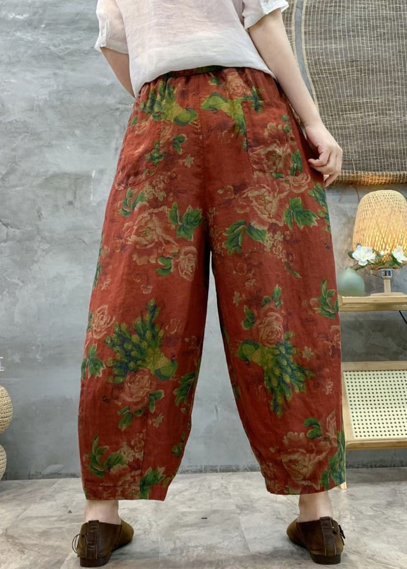 Loose Red Print Pockets Linen Crop Pants Summer Gg057