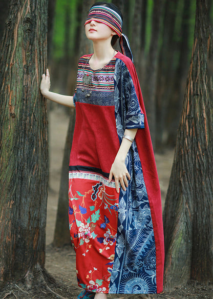 Loose Red Print Pockets Patchwork Cotton Maxi Dresses Half Sleeve Kk096