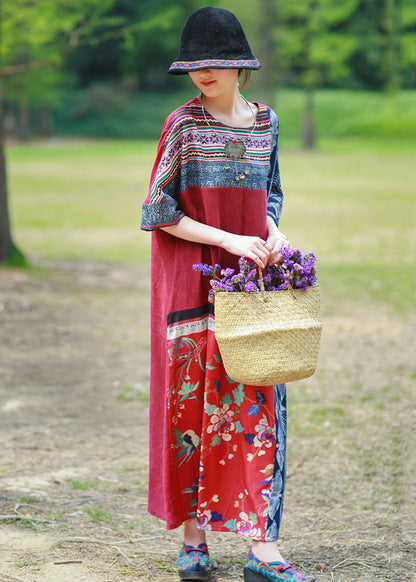 Loose Red Print Pockets Patchwork Cotton Maxi Dresses Half Sleeve Kk096
