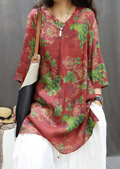 Loose Red Print Side Open Cotton Blouses Summer Gg060