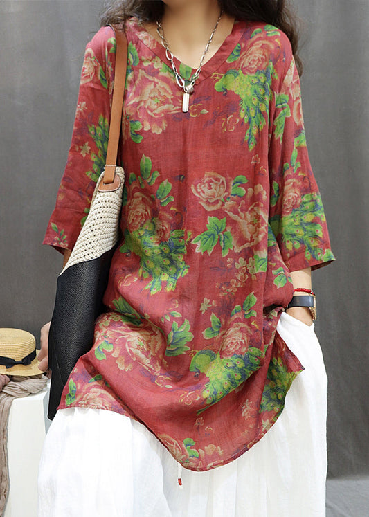 Loose Red Print Side Open Cotton Blouses Summer Gg060