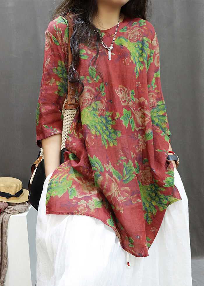 Loose Red Print Side Open Cotton Blouses Summer Gg060