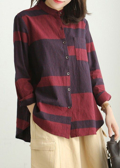 Loose Red Stand Collar Button Cotton Blouses Long Sleeve Vv072