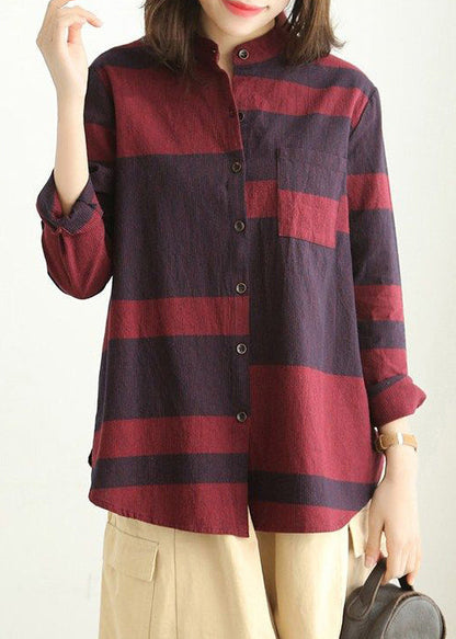 Loose Red Stand Collar Button Cotton Blouses Long Sleeve Vv072