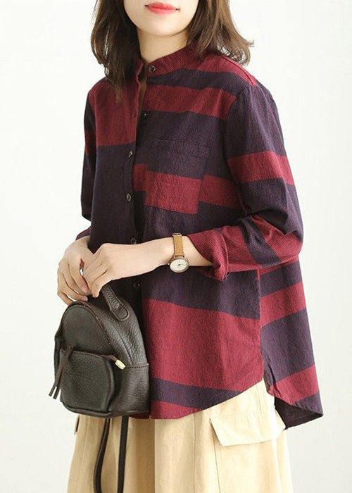 Loose Red Stand Collar Button Cotton Blouses Long Sleeve Vv072