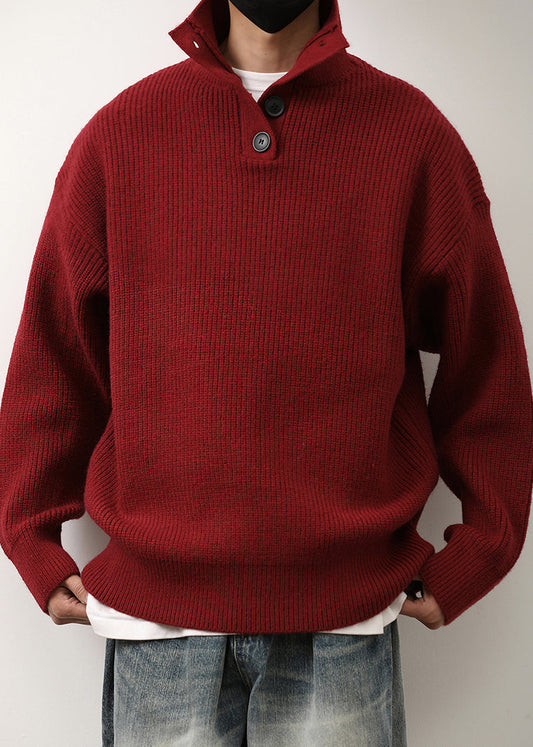 Loose Red Stand Collar Button Knit Sweaters Spring Tk011