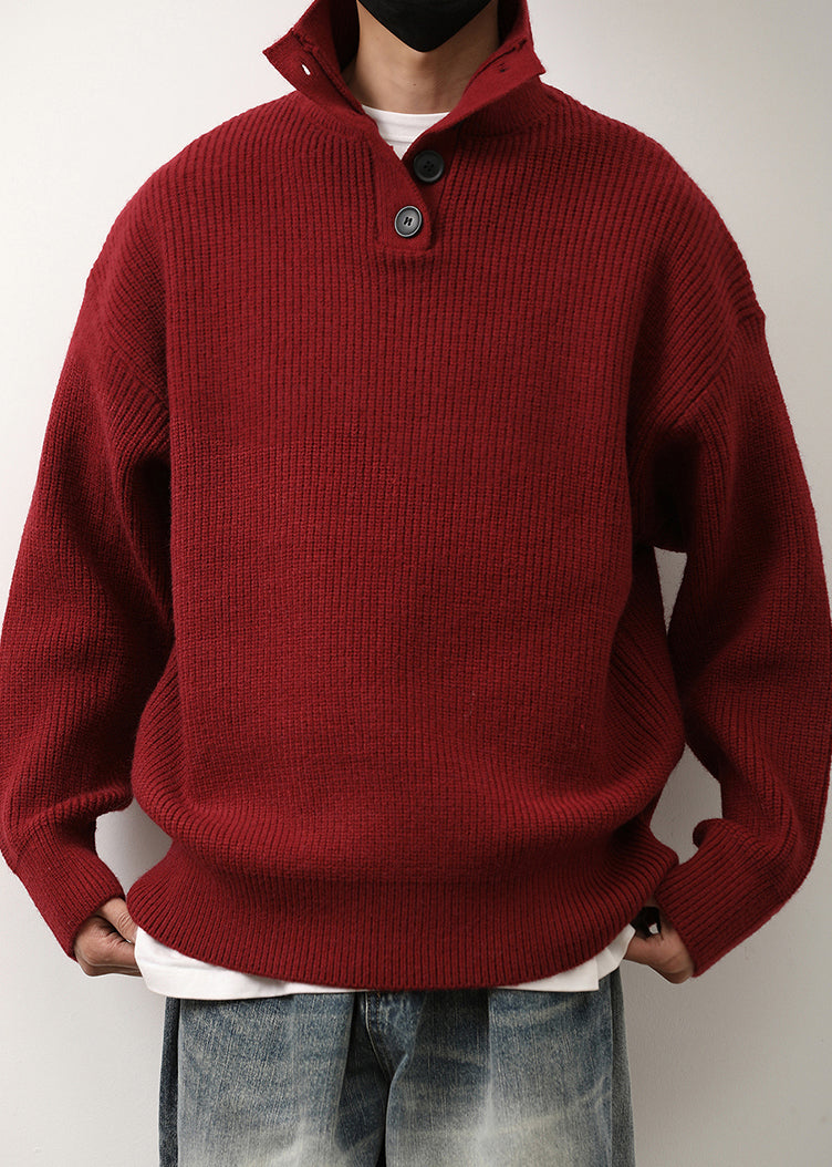 Loose Red Stand Collar Button Knit Sweaters Spring Tk011