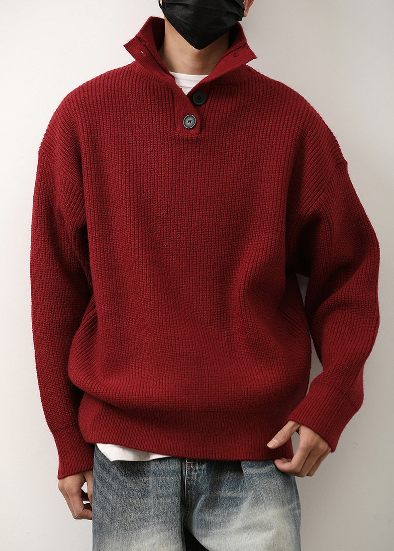 Loose Red Stand Collar Button Knit Sweaters Spring Tk011