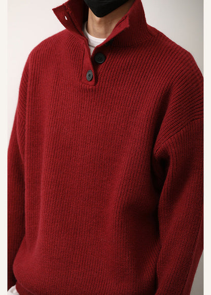 Loose Red Stand Collar Button Knit Sweaters Spring Tk011