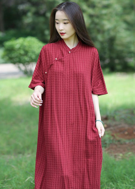 Loose Red Stand Collar Button Linen Long Dresses Summer Mn055