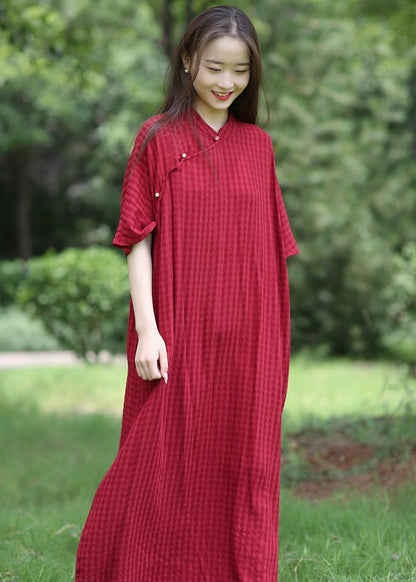 Loose Red Stand Collar Button Linen Long Dresses Summer Mn055