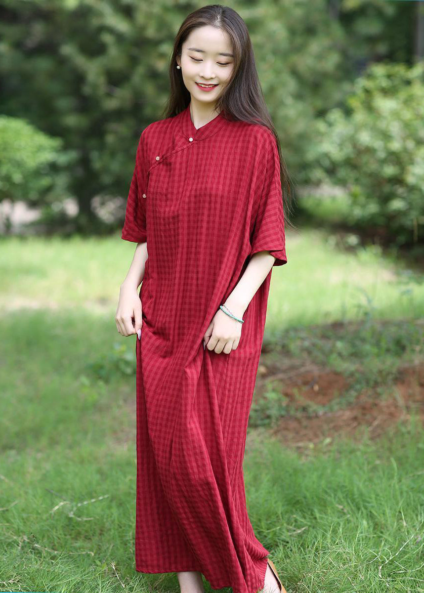 Loose Red Stand Collar Button Linen Long Dresses Summer Mn055