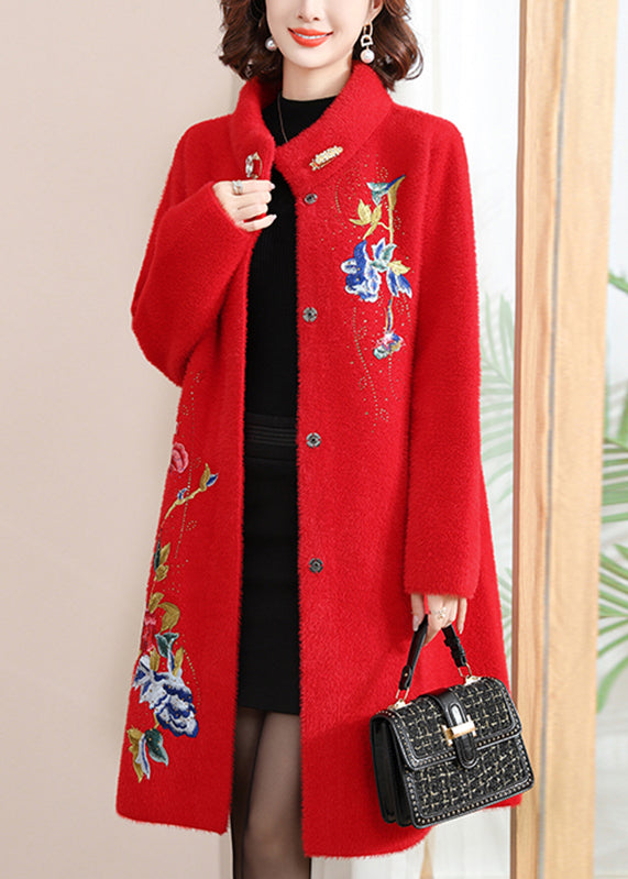 Loose Red Stand Collar Long Woolen Coats Spring Ta030