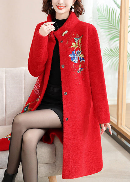 Loose Red Stand Collar Long Woolen Coats Spring Ta030