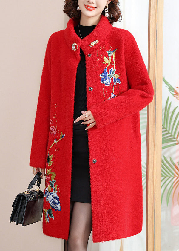 Loose Red Stand Collar Long Woolen Coats Spring Ta030