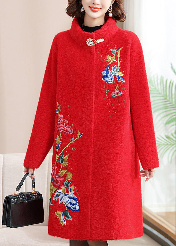 Loose Red Stand Collar Long Woolen Coats Spring Ta030