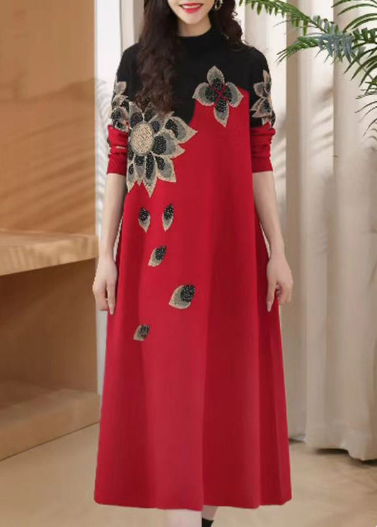 Loose Red Turtleneck Patchwork Knit Sweater Dress Winter Rf028