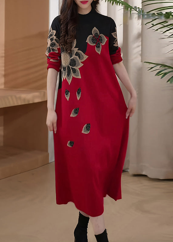 Loose Red Turtleneck Patchwork Knit Sweater Dress Winter Rf028
