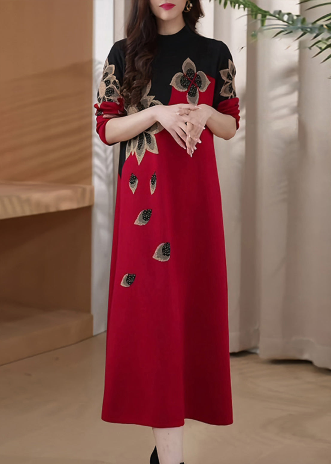 Loose Red Turtleneck Patchwork Knit Sweater Dress Winter Rf028